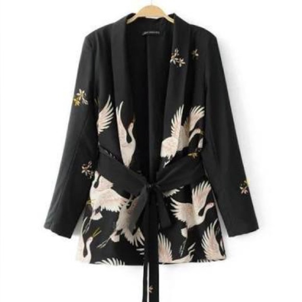 zara crane bird print blazer with sash belt Sz XS - Picture 2 of 16